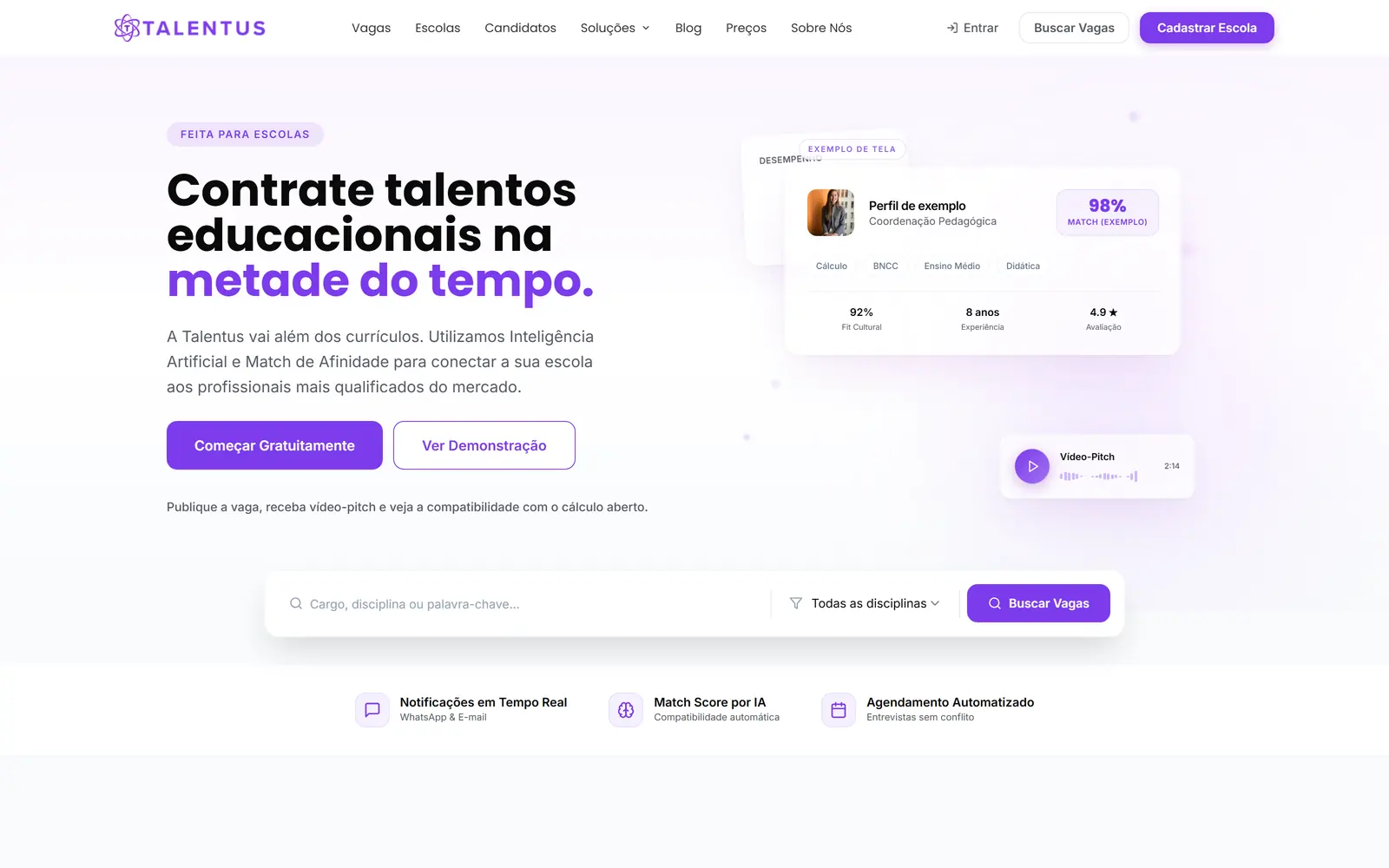 Tela inicial da plataforma Talentus Vagas, com busca de vagas e perfil de compatibilidade